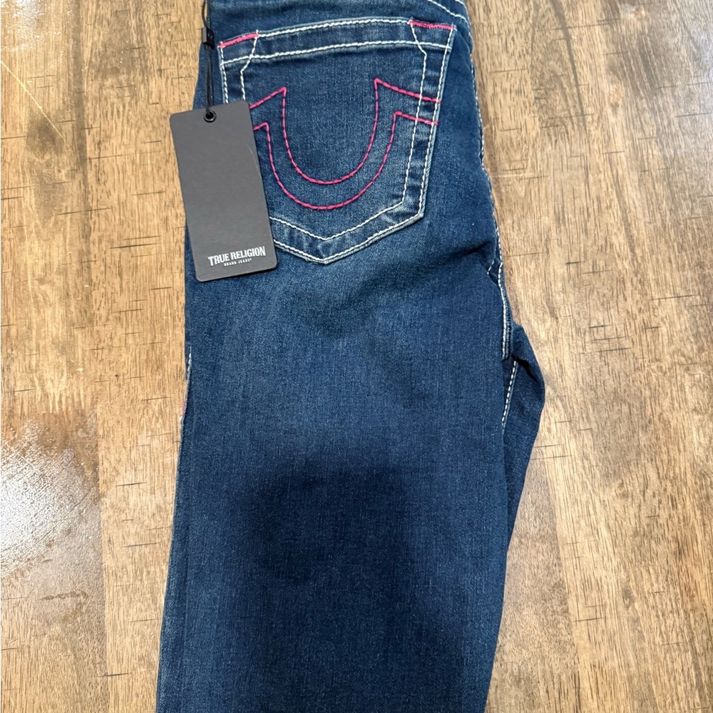 True Religion Women's Dark Blue Jeans with Pink Stitching